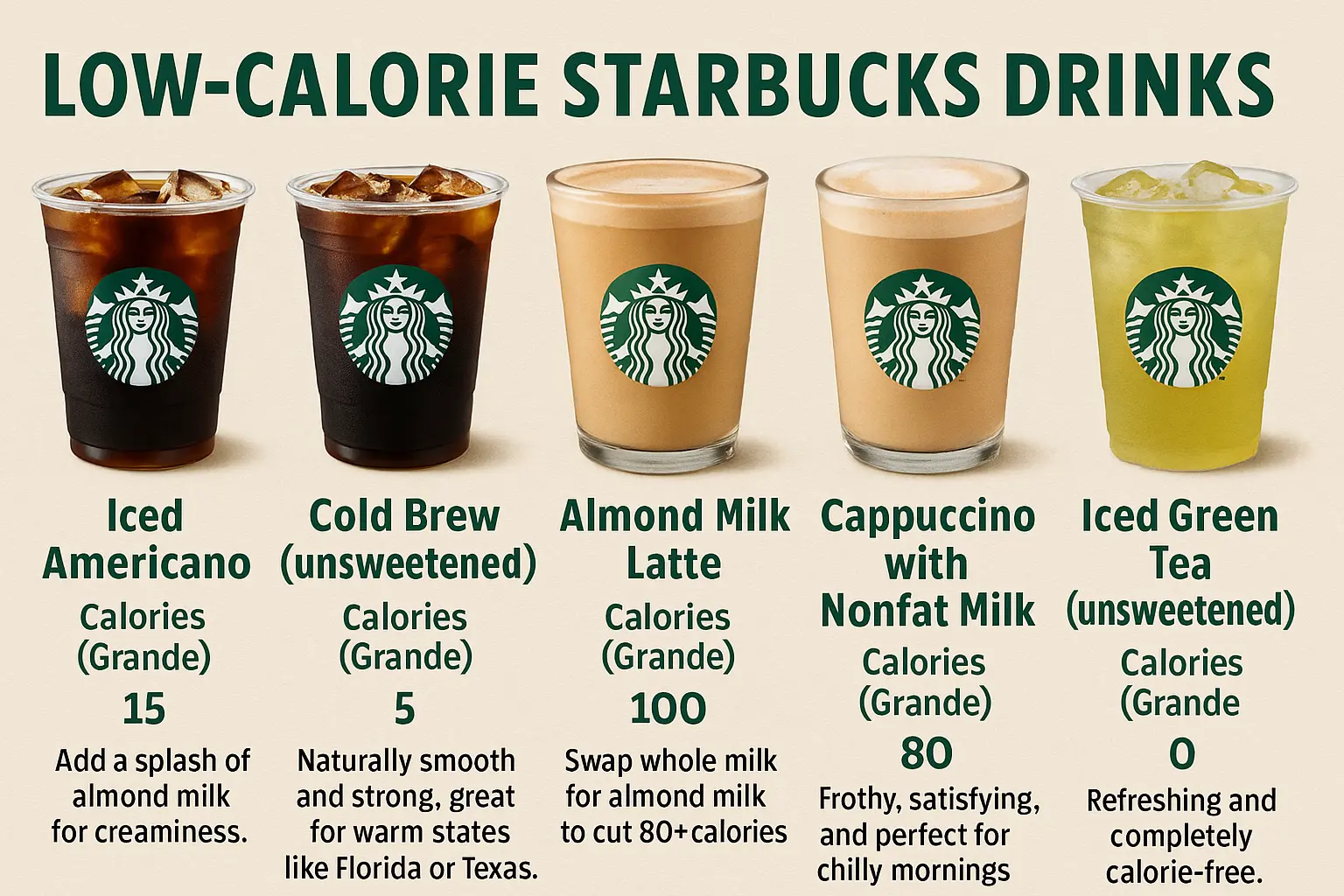 Starbucks themed infographic showing low calorie drinks with calories Starbucks themed infographic showing low calorie drinks with calories