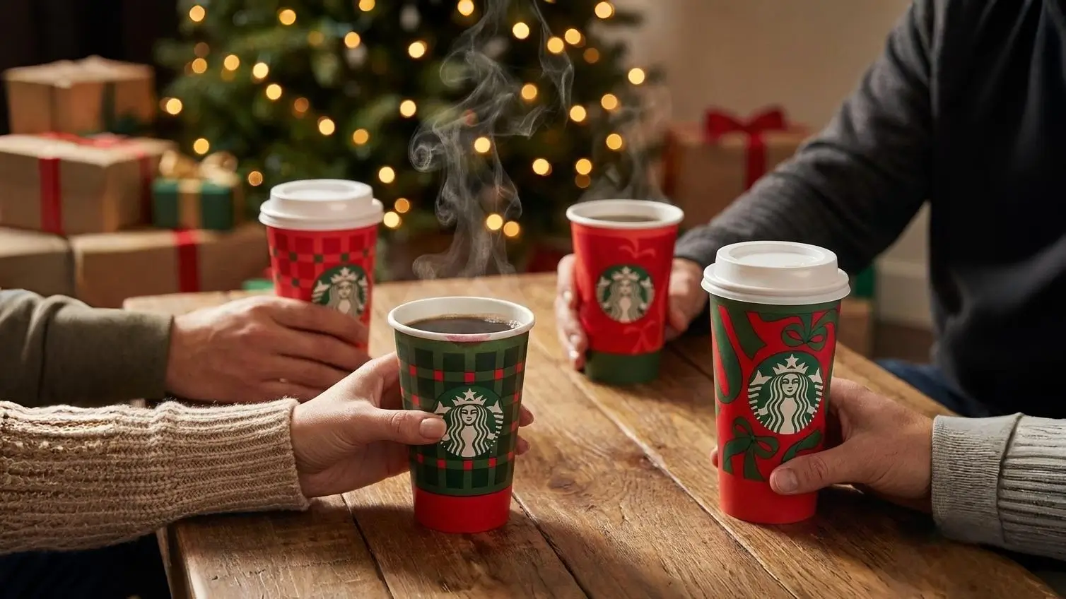 10 Best Starbucks Christmas Drinks for Holidays 2025 featuring festive holiday drink cups on a wooden table