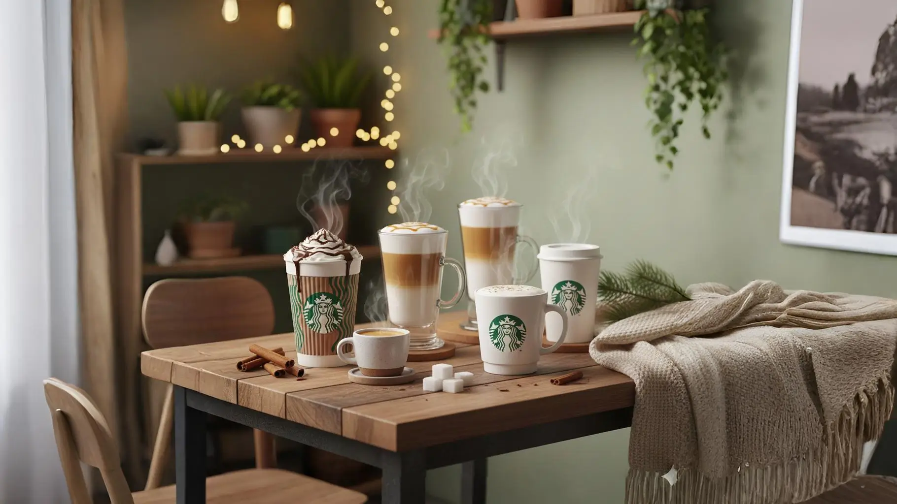 10 Starbucks winter drinks under $5 shown in a cozy café setting with lattes, hot chocolate, and warm seasonal beverages on a wooden table