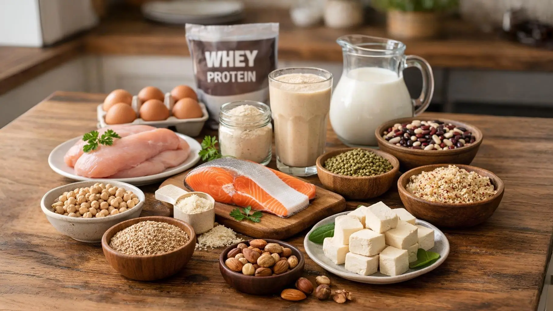 High-quality protein sources including whey protein, eggs, milk, fish, chicken, legumes, tofu, nuts and grains