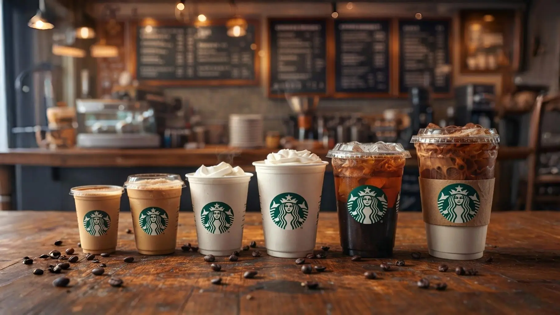 Starbucks drink sizes lineup showing demi short tall grande venti and trenta coffee cups on a cafe counter