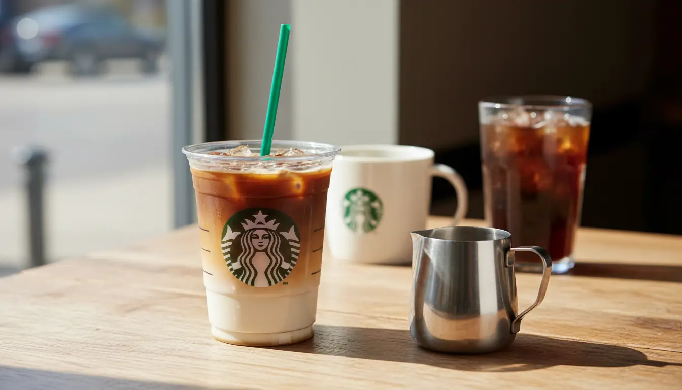 Starbucks iced latte with milk pitcher showing how to add protein through customization