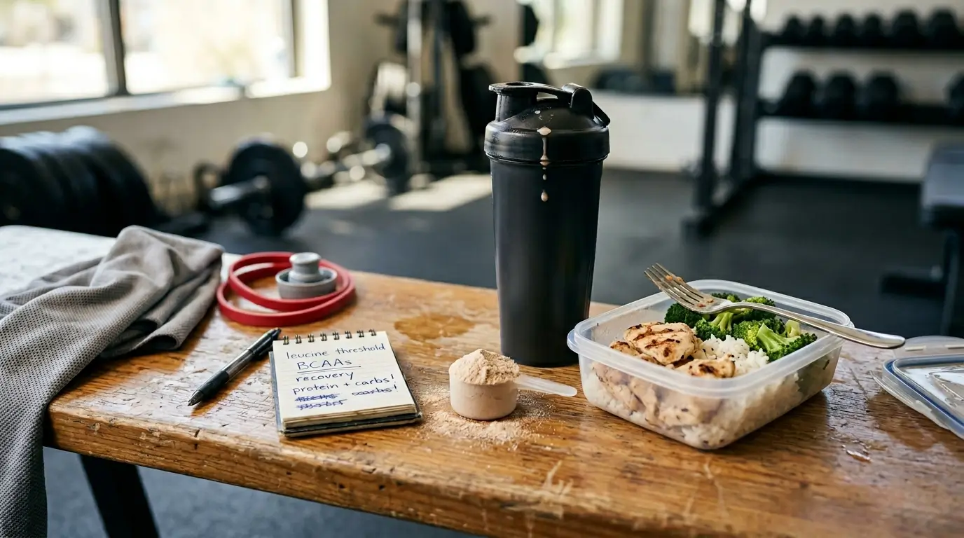 Athlete reaching for a protein shaker on a gym bench with grilled chicken meal prep whey protein scoop and notes about leucine and BCAAs