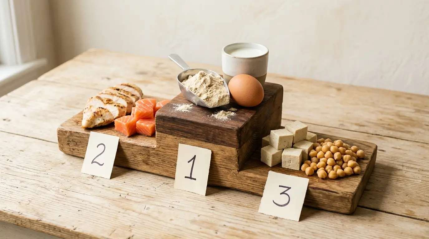 Complete protein foods ranked on tiered wooden boards by DIAAS score with whey eggs milk chicken salmon tofu and beans