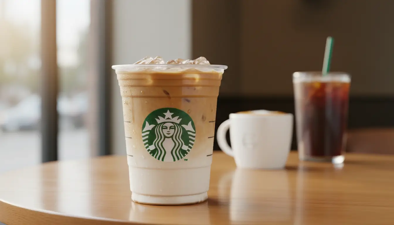 High-protein Starbucks iced latte made with milk on a café table