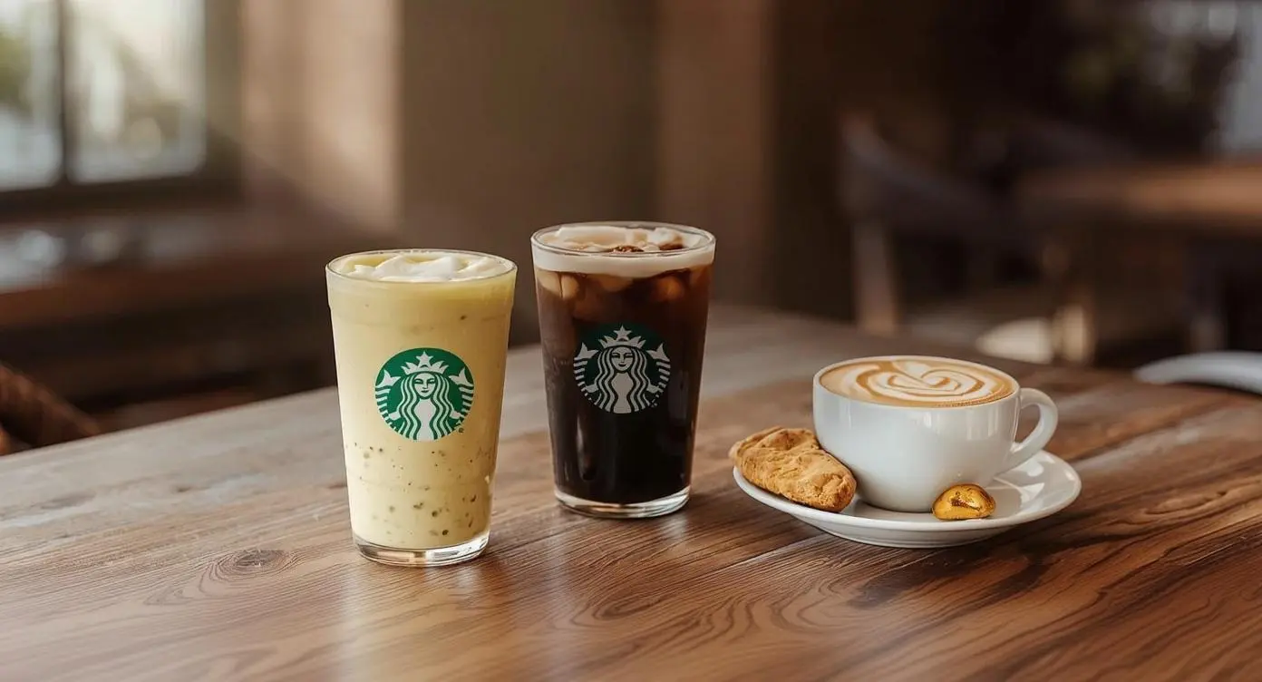 Three low-calorie Starbucks drinks on a cafe table.