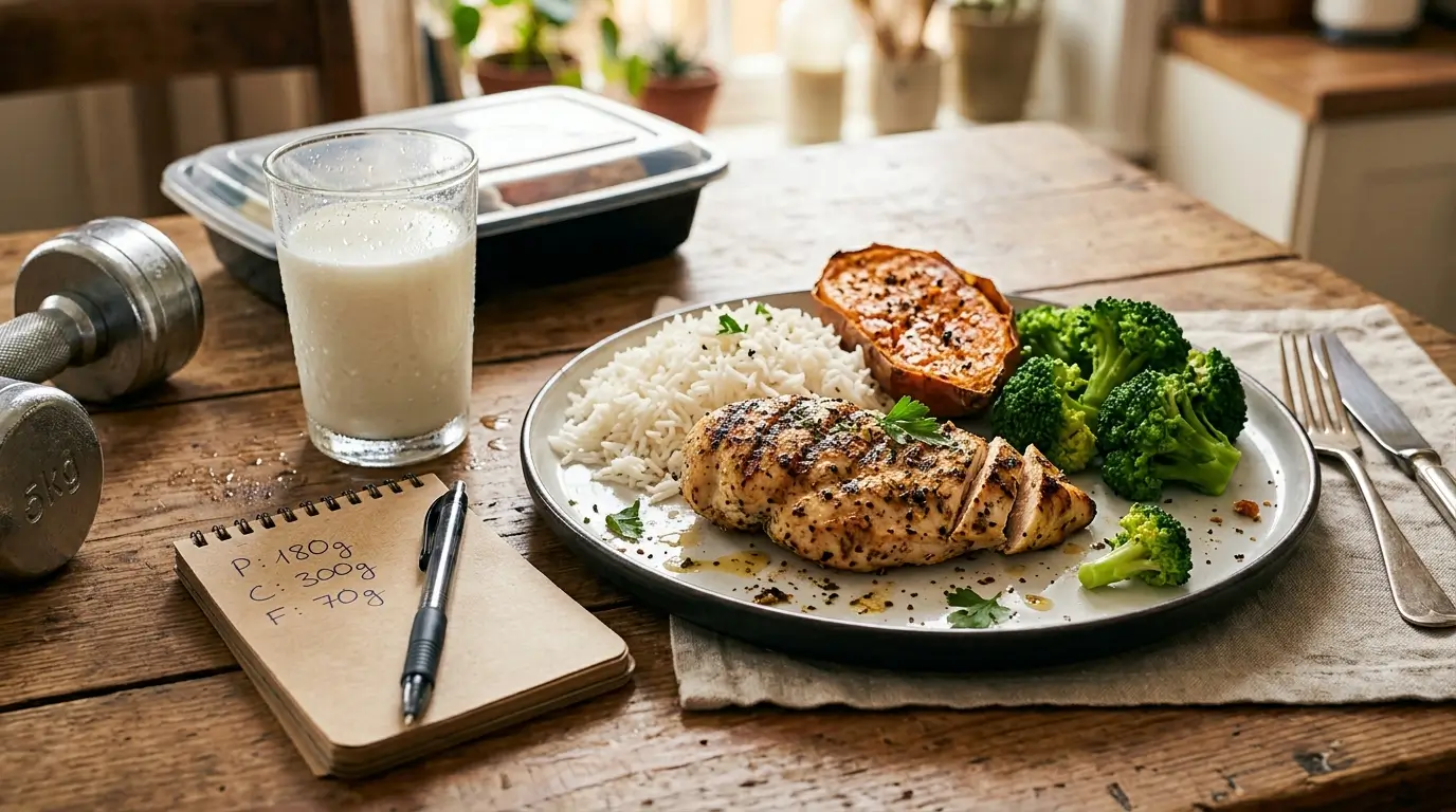 Muscle gain meal plate with grilled chicken rice sweet potato broccoli and a glass of milk next to a notebook with macro breakdown and a dumbbell