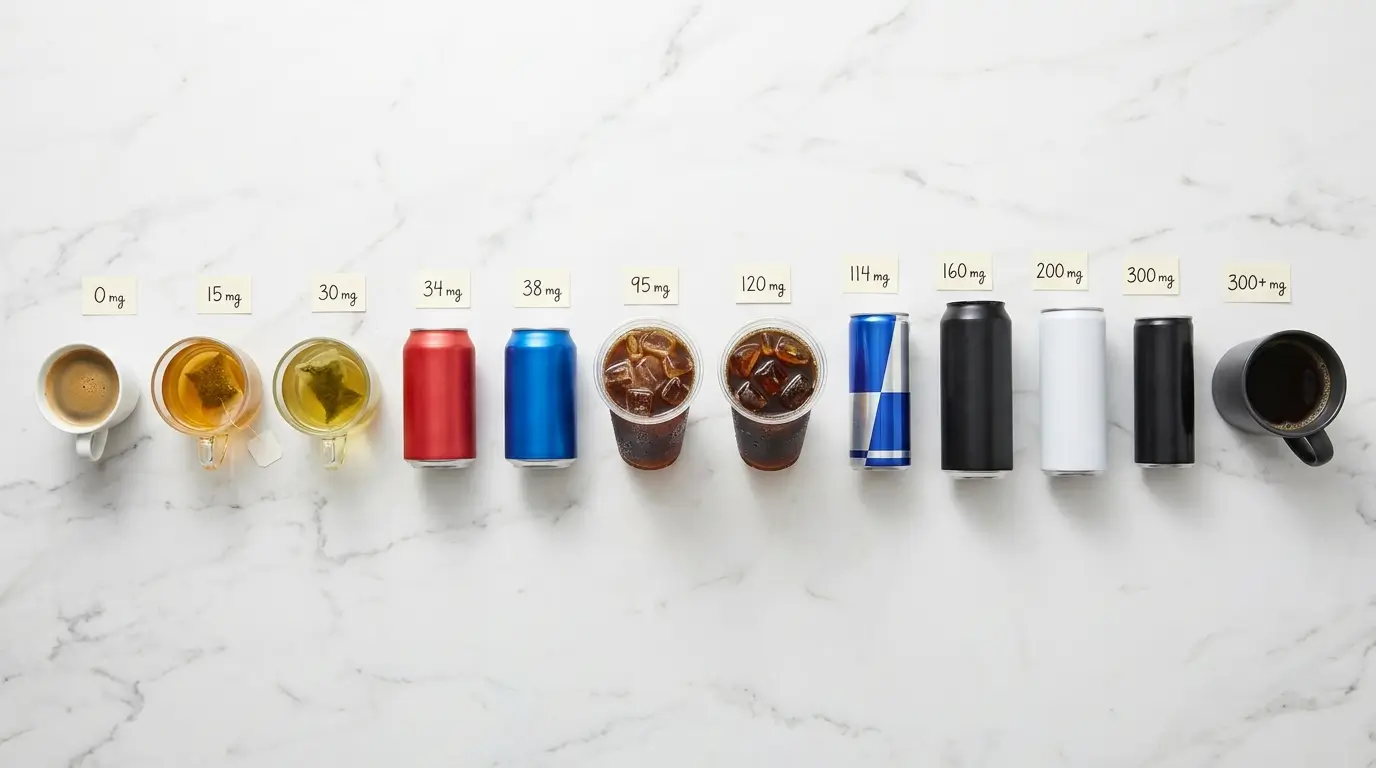 Caffeine in 100+ drinks 2026 chart: Starbucks Pike Place, Dunkin Cold Brew, Red Bull, Monster, Celsius, Bang energy and Death Wish coffee ranked from 0 mg to 728 mg of caffeine on a marble counter