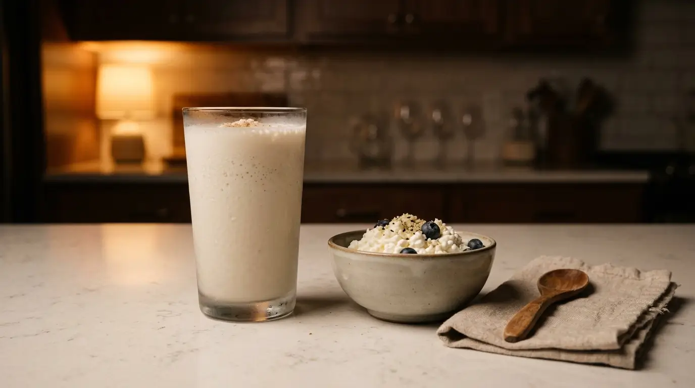 Casein protein shake before bed with bowl of cottage cheese in a dim evening kitchen, showing slow-release protein options for overnight muscle protein synthesis (2026 guide)