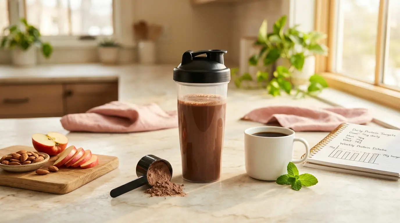 Chocolate protein shake in a clear glass next to a notebook listing daily protein targets for women on a clean kitchen counter