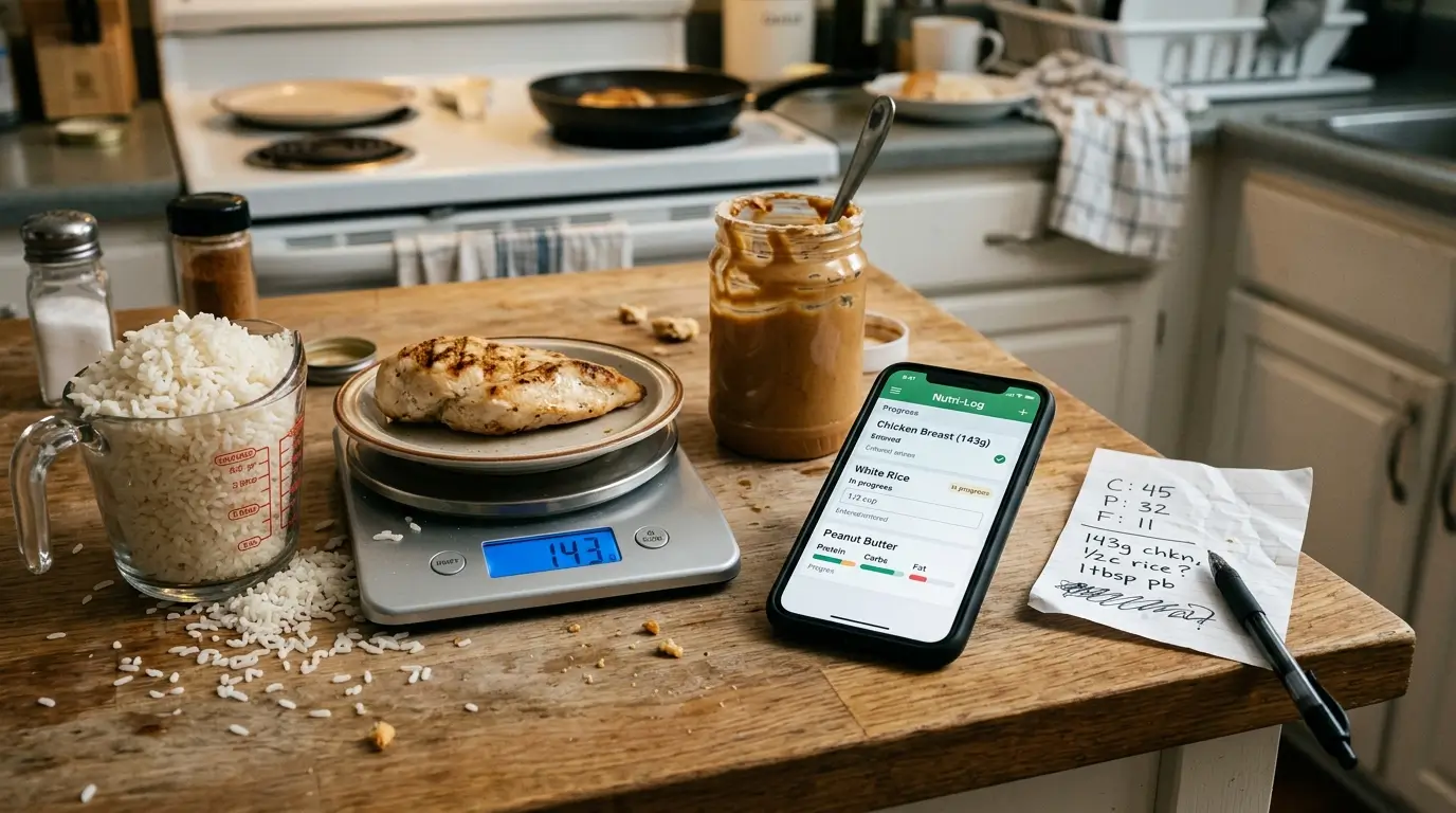 Kitchen counter with smartphone showing nutrition tracking app food scale weighing chicken measuring cup with rice and a crumpled note showing common macro tracking mistakes