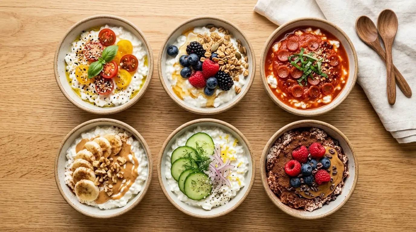 Cottage cheese protein bowls with sweet and savory toppings including berries, granola, cherry tomatoes and everything bagel seasoning arranged on a kitchen counter