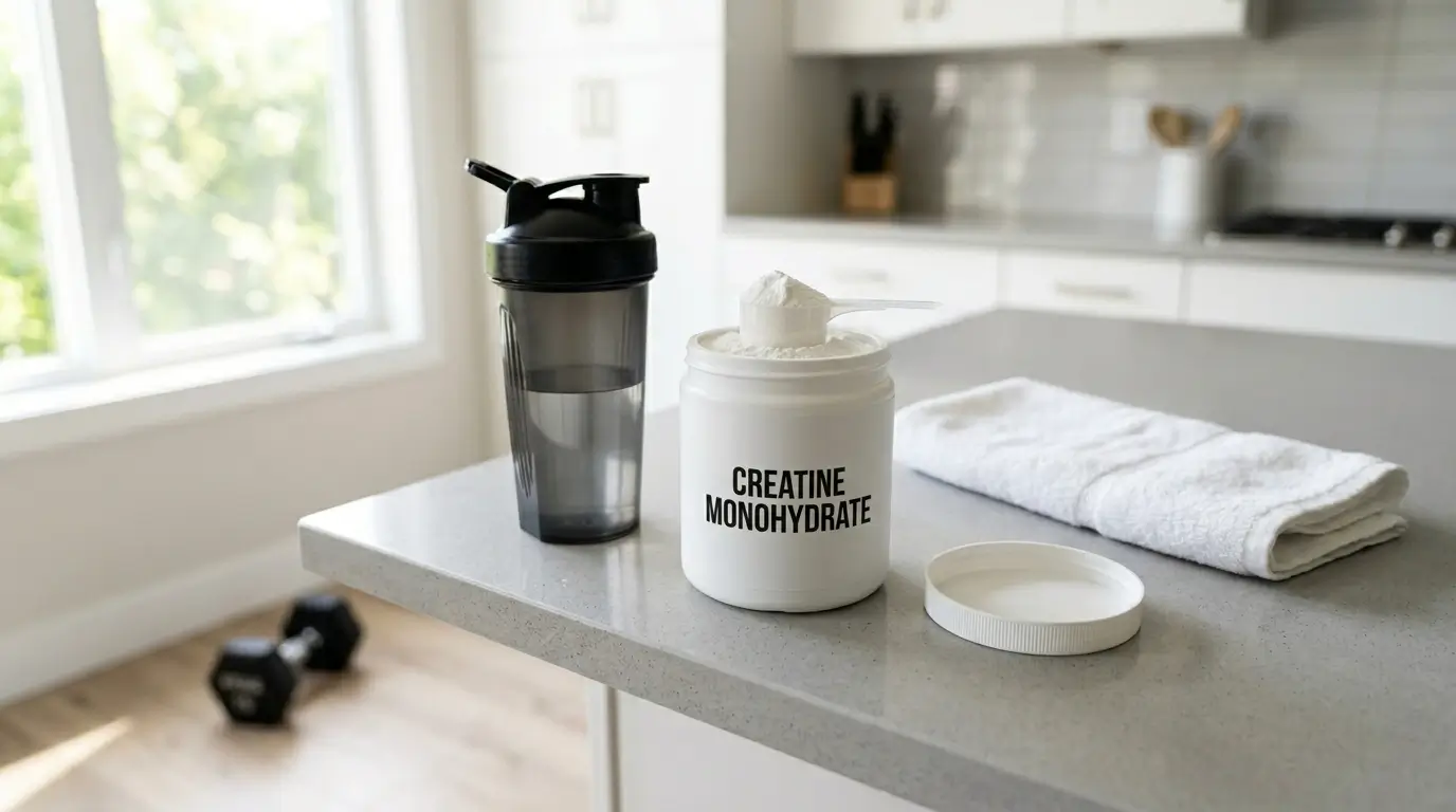 Creatine monohydrate powder with a 5 gram scoop and a shaker bottle on a kitchen counter for beginner creatine dosing and timing