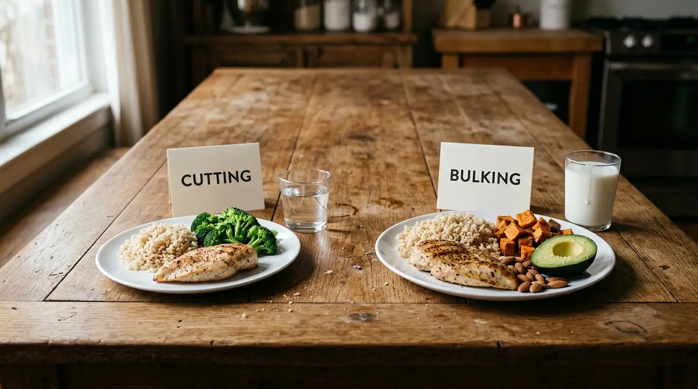 Side by side cutting and bulking meal comparison with smaller chicken rice broccoli plate on the left and larger plate with avocado almonds milk on the right
