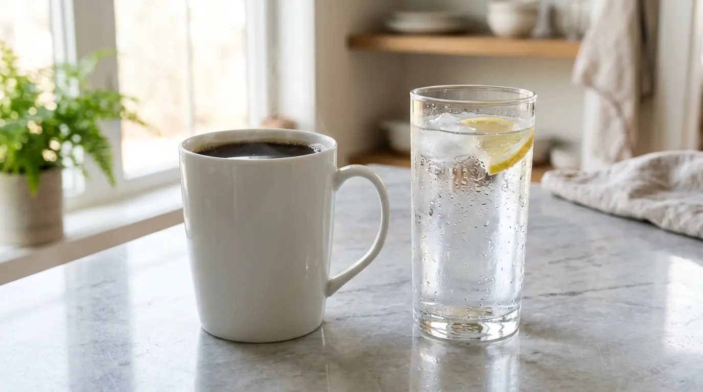 A mug of black coffee beside a glass of water on a marble counter, illustrating that coffee counts toward hydration and does not dehydrate you
