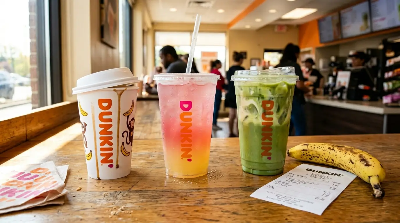 Three Dunkin banana drinks lined up on a cafe counter: Monkey Business Latte, Banana Daydream Refresher, and Bananarama Matcha with fresh banana slices