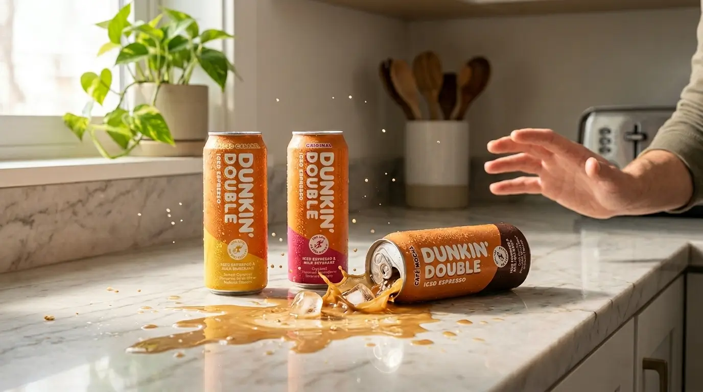 Dunkin Double Espresso canned RTD coffee on a marble store countertop with espresso glass and store fridge in background