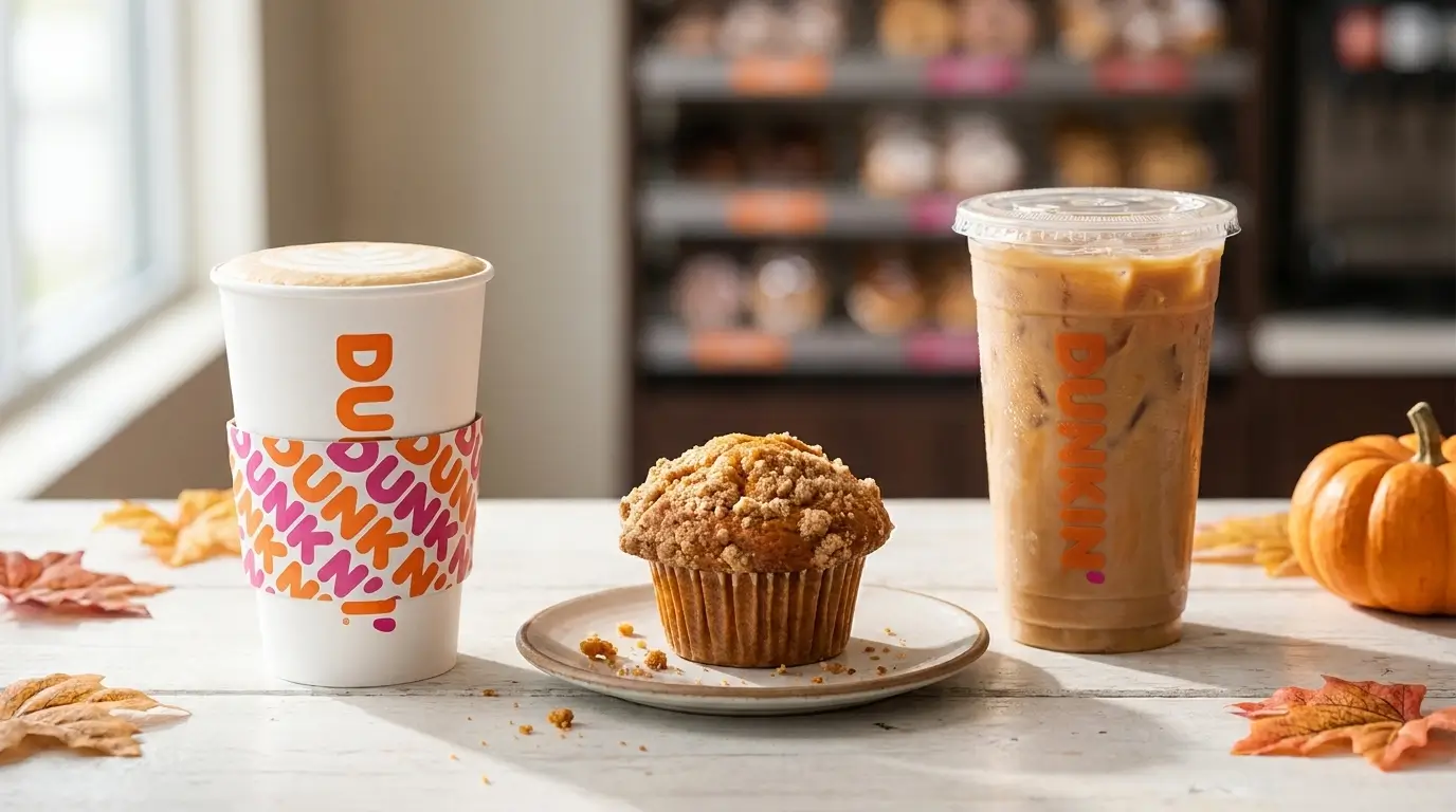 Dunkin fall 2026 lineup on a counter: a hot Pumpkin Spice Signature Latte in a Dunkin cup, a pumpkin crumb muffin on a plate, and an iced pumpkin coffee, with autumn leaves and a pumpkin
