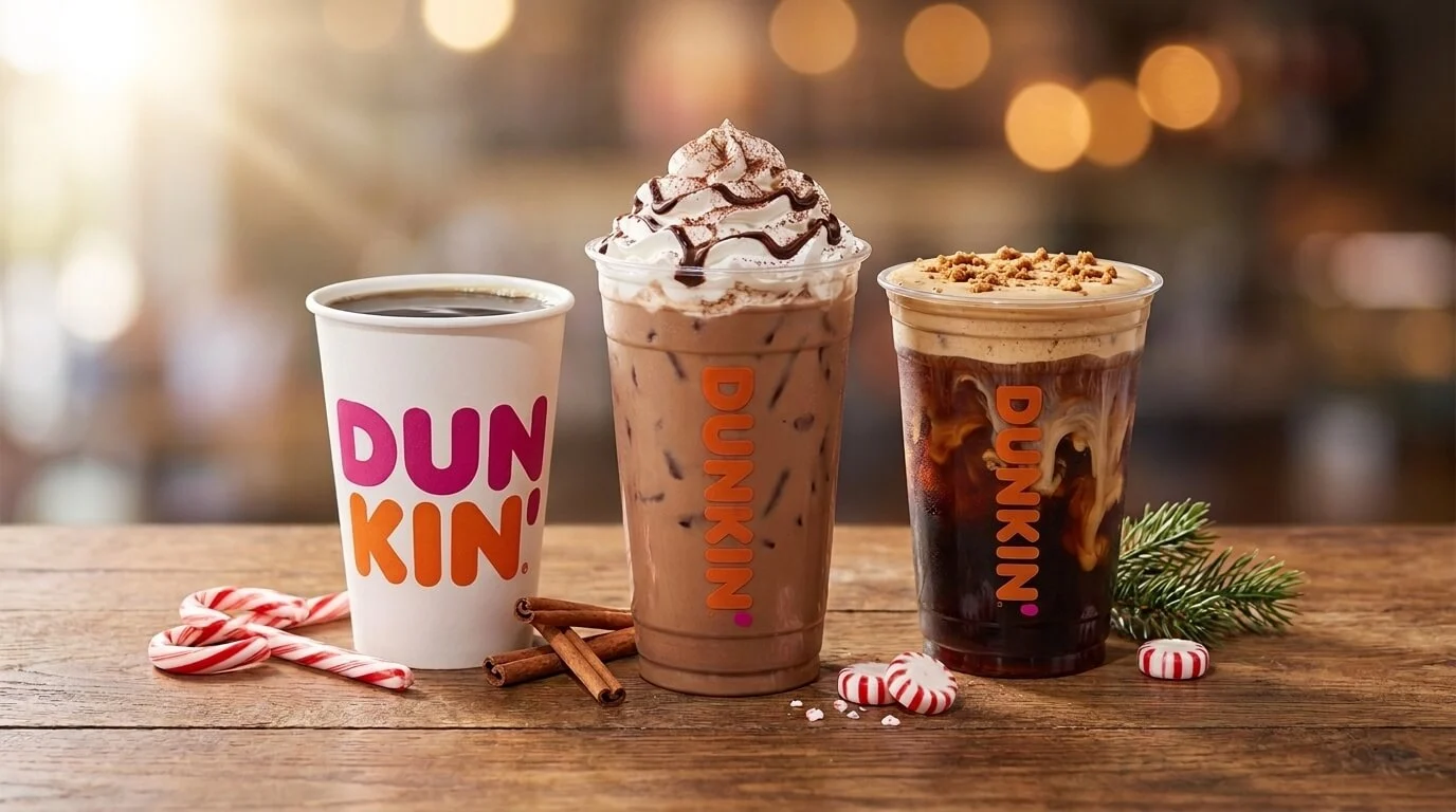 Three Dunkin holiday drinks in branded Dunkin cups on a rustic wooden counter: a white hot cup of black coffee, a clear cup of iced peppermint mocha topped with whipped cream, chocolate drizzle and a dusting of cocoa, and a clear cup of cookie butter cold brew layered with cream and topped with cold foam and cookie crumbs, with candy canes, cinnamon sticks, peppermint candies and a pine sprig around them