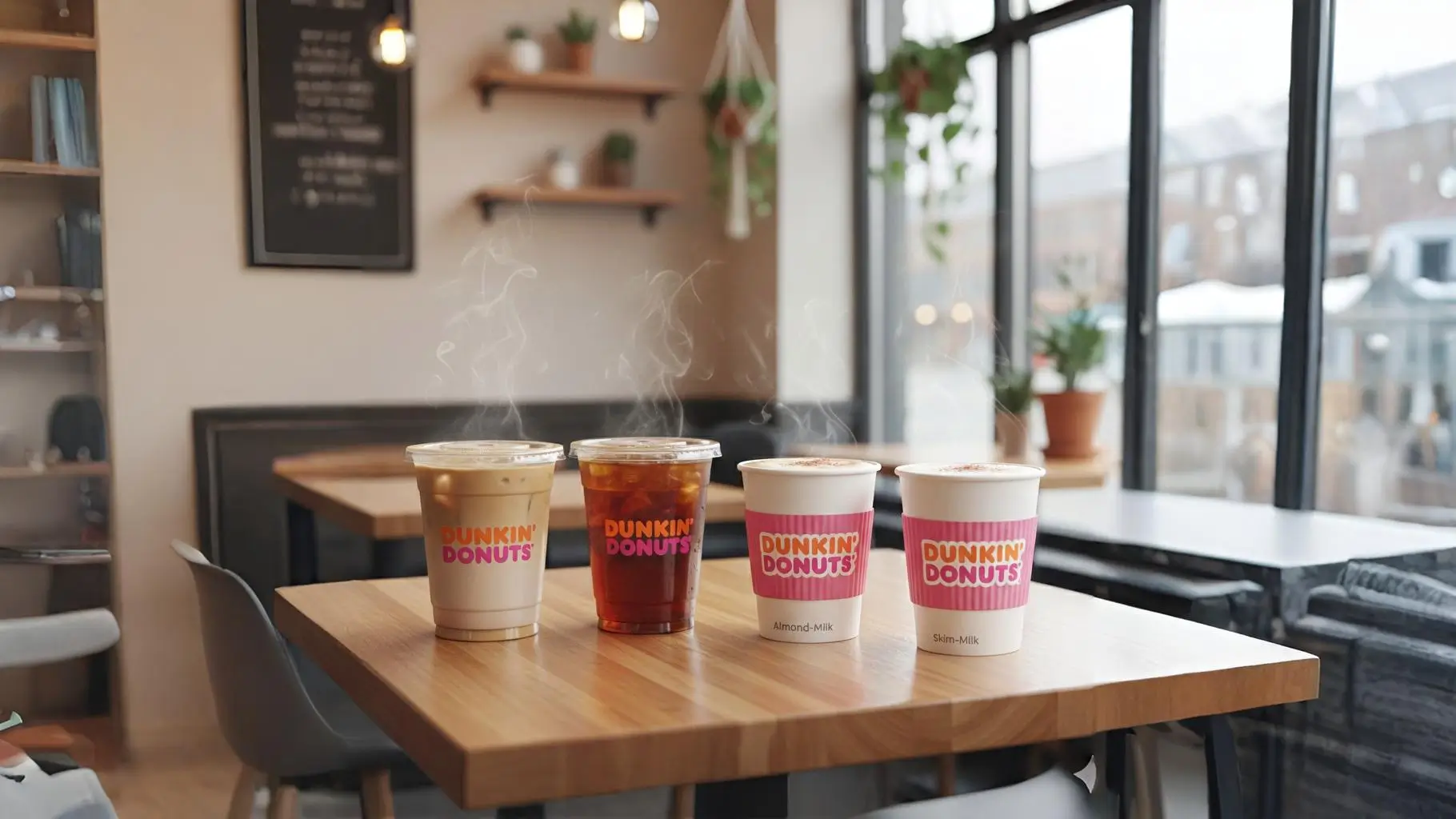 Dunkin low calorie drinks displayed on a table in cafe