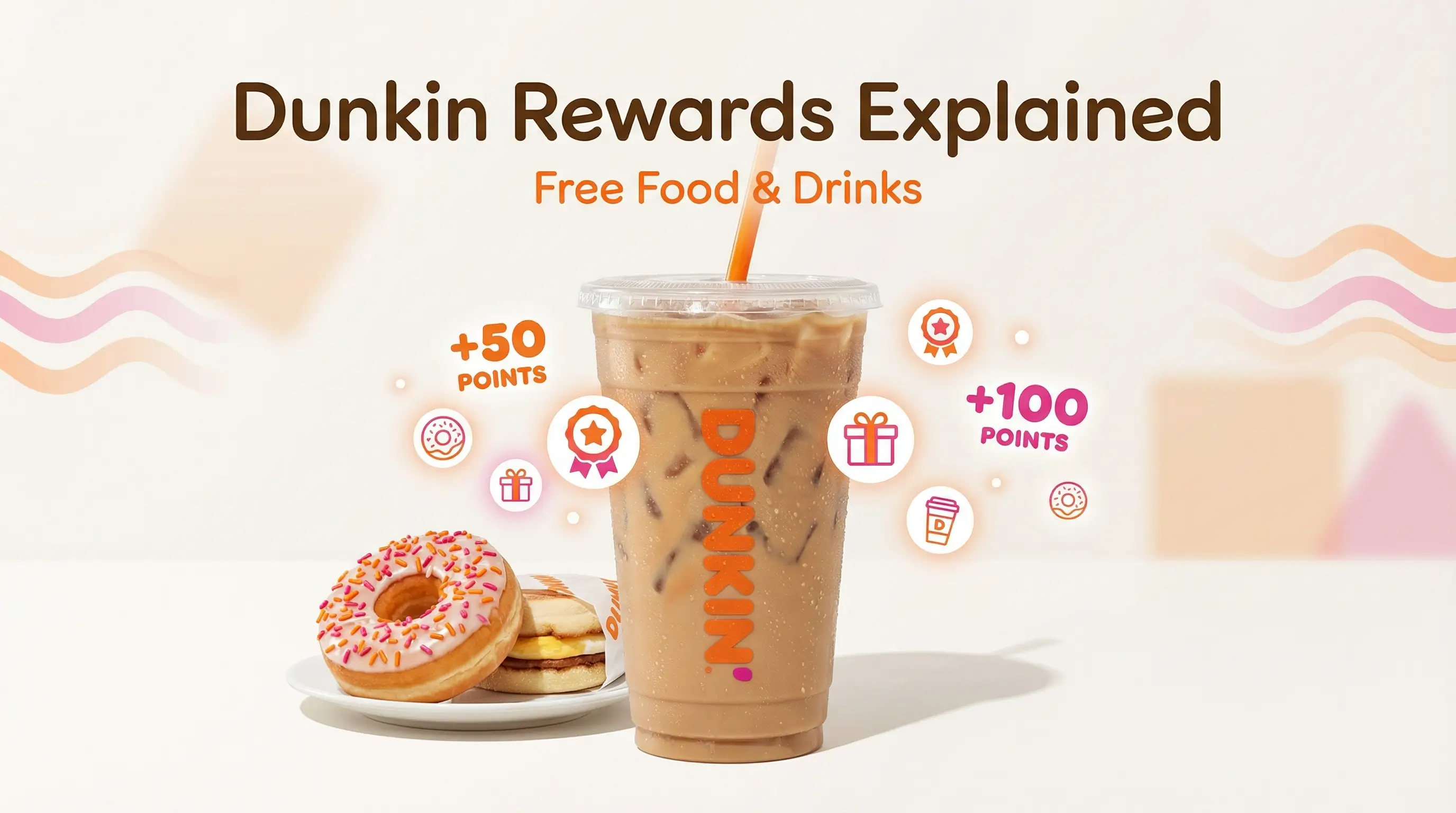 Dunkin Rewards Program featured image showing a Dunkin iced coffee with reward points, free food and drink icons, and bonus points for earning rewards