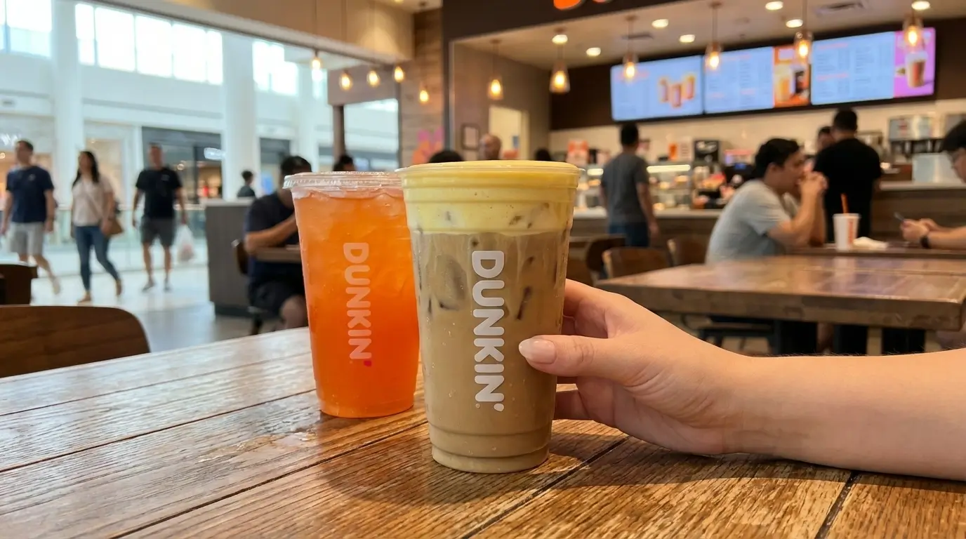 Dunkin Spring Menu 2026 Banana iced coffee and zero sugar energy drink on a café table with a female hand inside a busy shopping mall Dunkin store