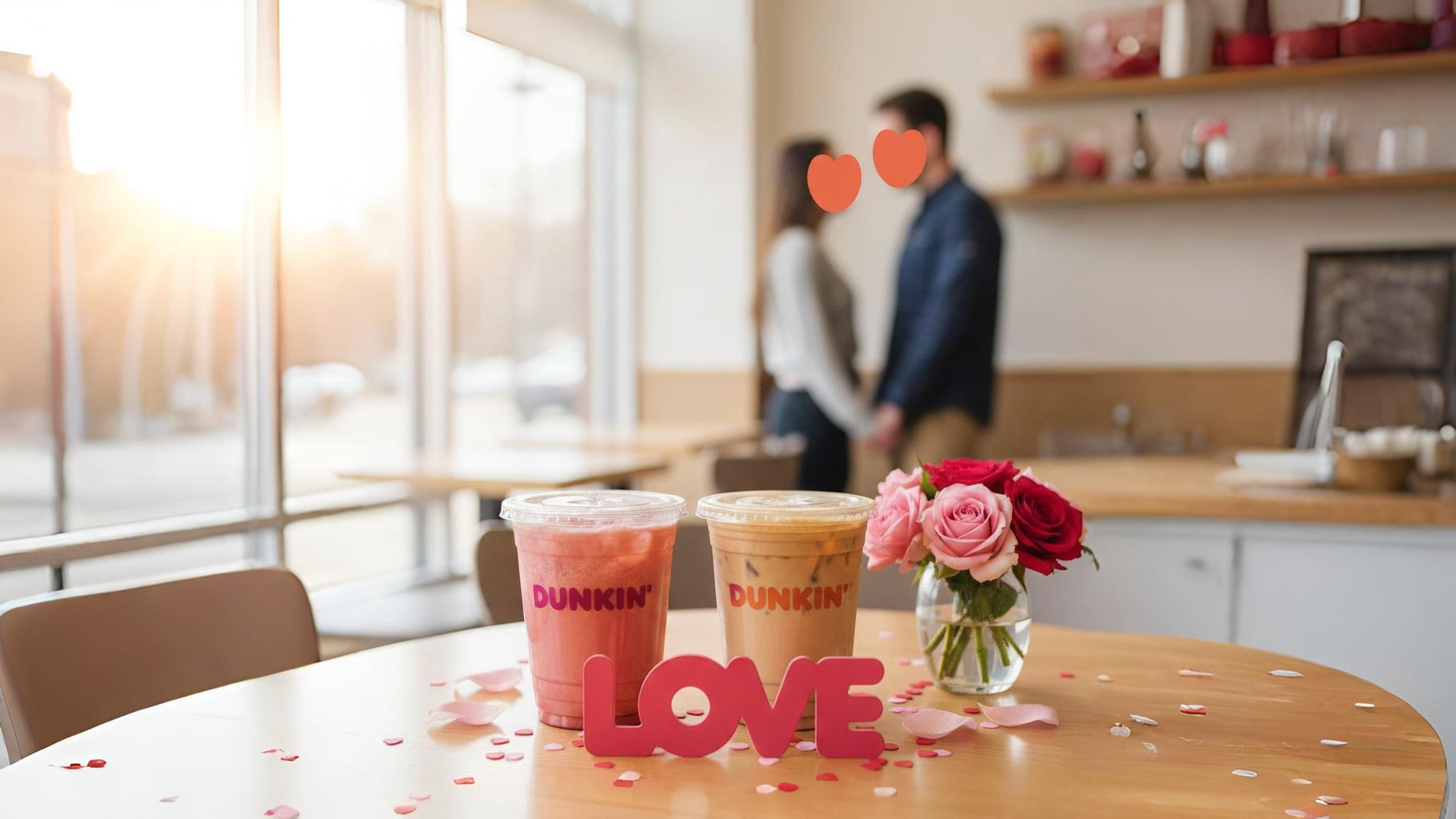 Dunkin Valentine's Day Drinks 2026 featuring seasonal drinks with a pink LOVE decoration, roses on a café table, and a couple in the background