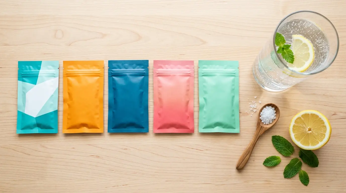 Electrolyte drink powder packets next to a glass of lemon water on a kitchen counter for LMNT vs Liquid IV vs DIY hydration comparison