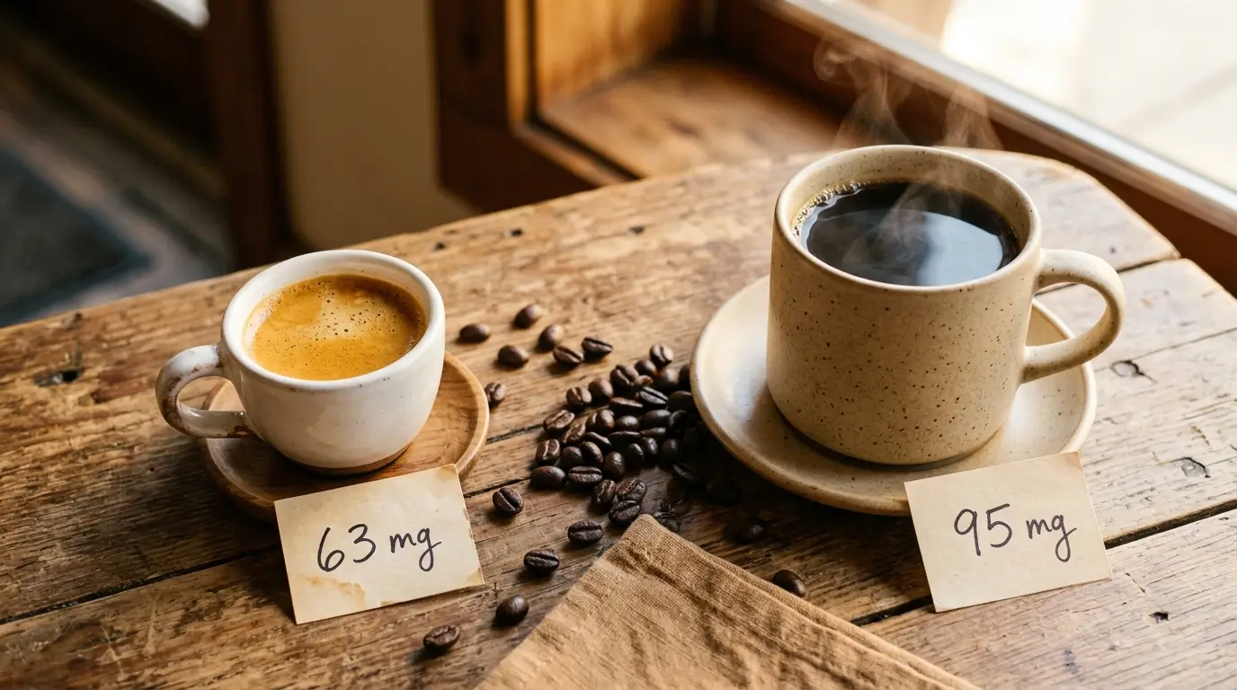 Espresso vs coffee 2026 caffeine comparison: 1 oz espresso shot with golden crema in a white demitasse beside an 8 oz mug of drip coffee on a rustic wood cafe table, labeled 63 mg vs 95 mg caffeine
