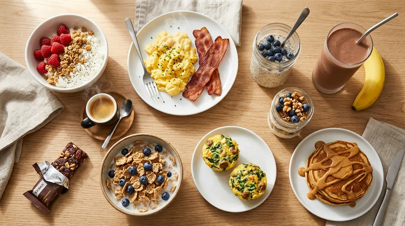 Overhead view of high-protein breakfast options including a cottage cheese bowl, scrambled eggs, Greek yogurt parfait, overnight oats jar and a protein shake on a kitchen table