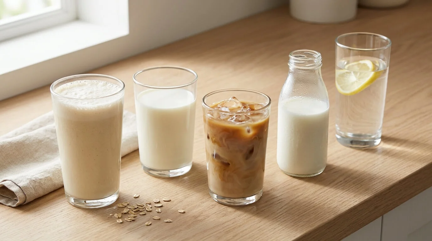 A high-protein drink lineup on a kitchen counter: a whey protein shake, a glass of milk, an iced latte made with nonfat milk, a bottle of kefir, and a tall glass of water with lemon