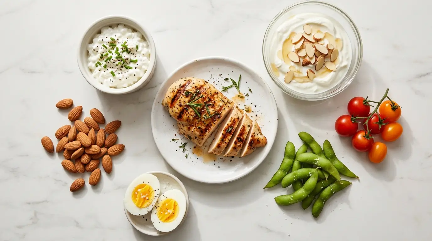 High-protein plate with grilled chicken breast, hard-boiled eggs and almonds showing 30 grams of protein from real food without a shake