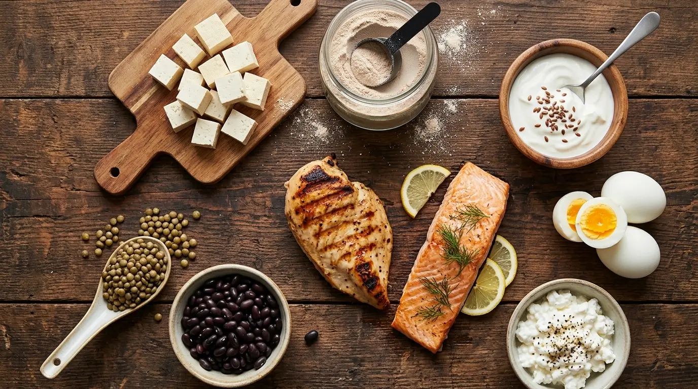 Variety of high-quality protein sources arranged on a wooden table including grilled chicken salmon eggs Greek yogurt whey protein tofu lentils and beans