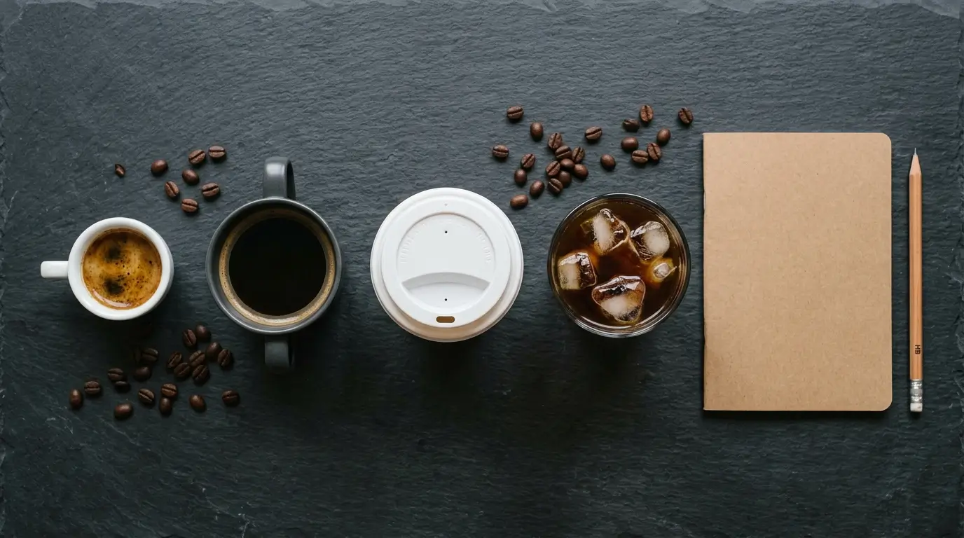 Four coffees lined up from a small espresso to a large iced coffee on a slate table, showing rising caffeine doses and how much caffeine is too much