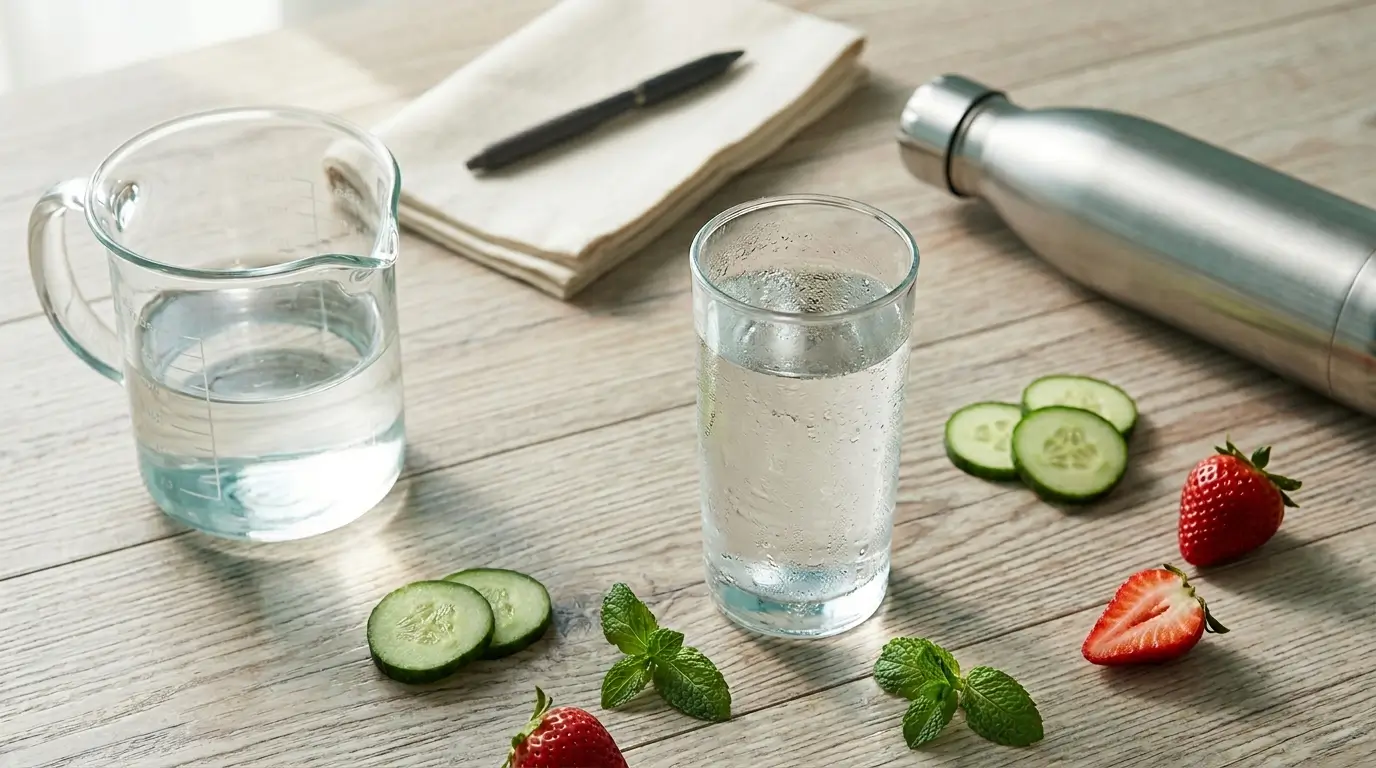How much water should I drink a day, chart with glass of water, measuring jug, and reusable bottle on light wood for daily hydration intake