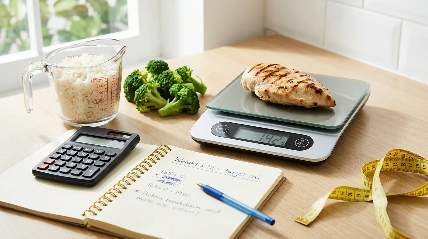 Digital food scale with grilled chicken breast next to a measuring cup of rice broccoli notebook with macro formula calculator and measuring tape on a kitchen counter