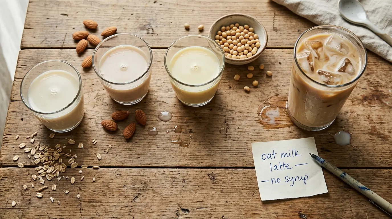 Plant milks oat almond and soy lined up on a wooden cafe table with a vegan iced latte and handwritten coffee order card