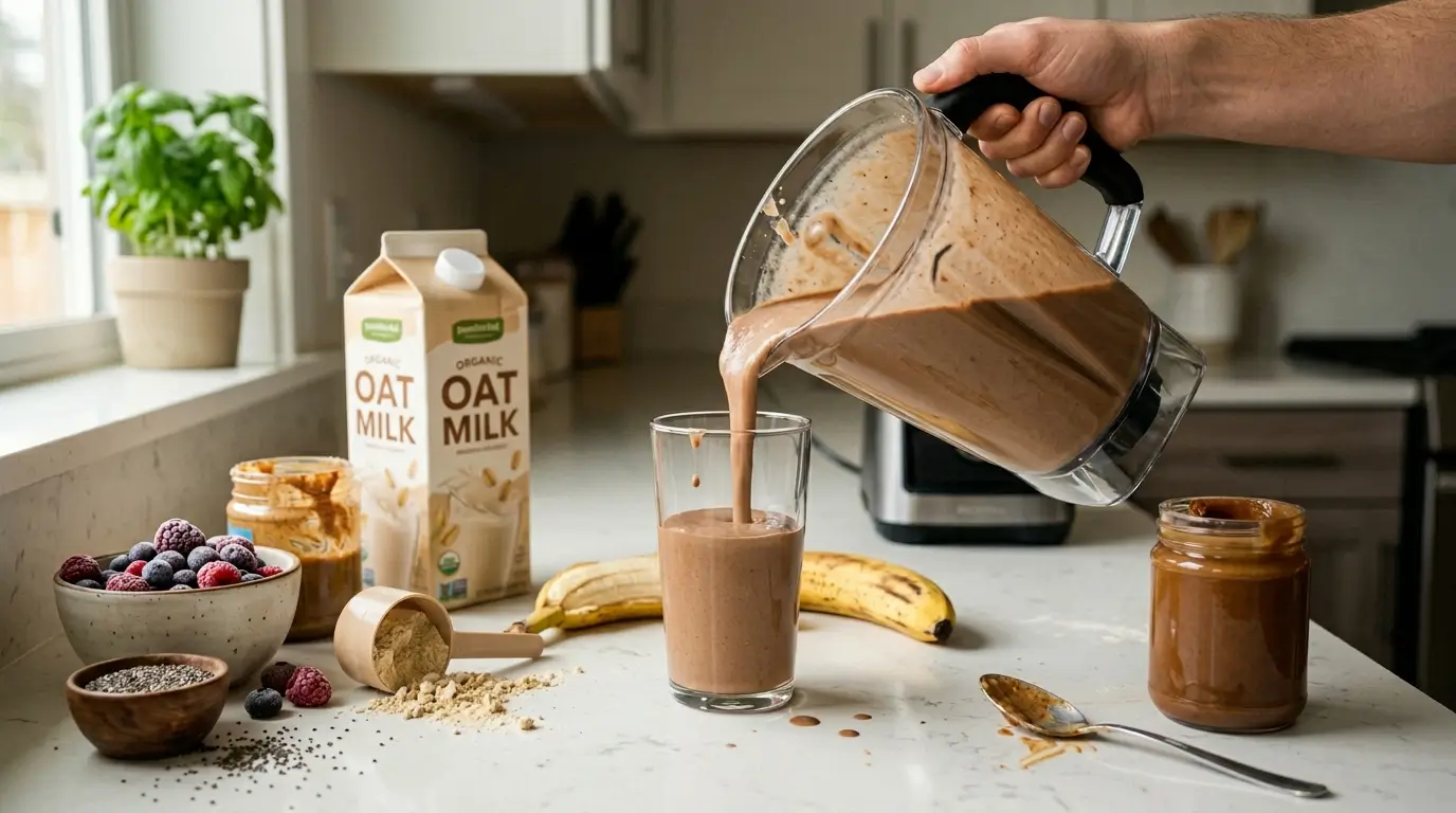 Vegan protein shake being poured from a blender into a glass with pea protein powder banana almond butter and oat milk on a kitchen counter