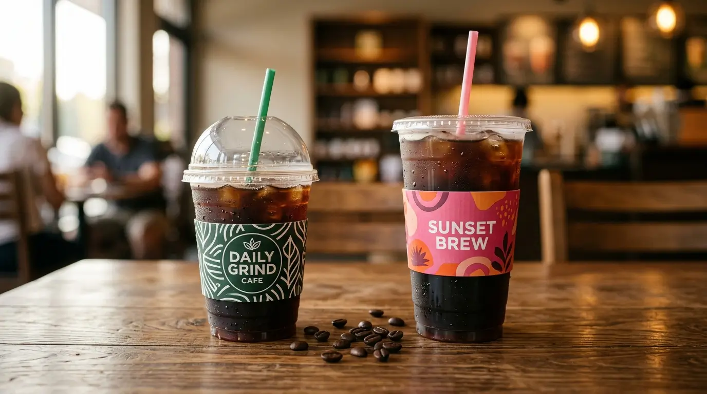 Two iced cold brew coffee cups side by side on a cafe table comparing Starbucks and Dunkin cold brew for caffeine, calories and flavor