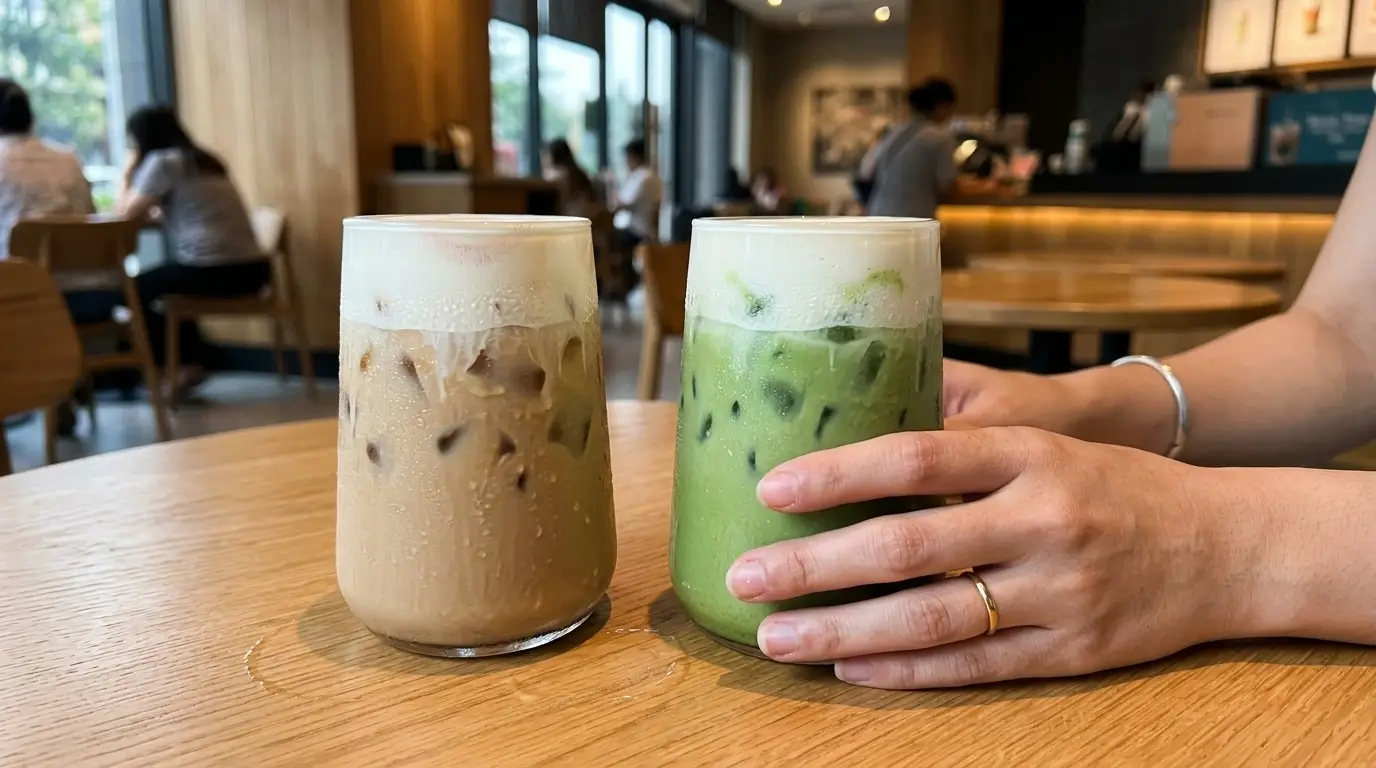 Iced Mango Cream Chai and Matcha drinks on a Starbucks cafe table with female hands holding the glasses in natural lighting