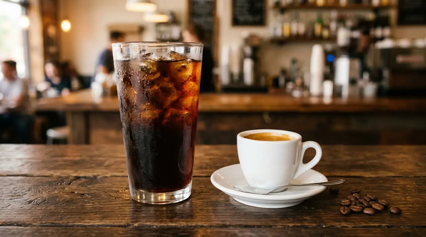 A tall glass of iced cold brew next to a small espresso shot, showing the contrast in volume and caffeine concentration between the two