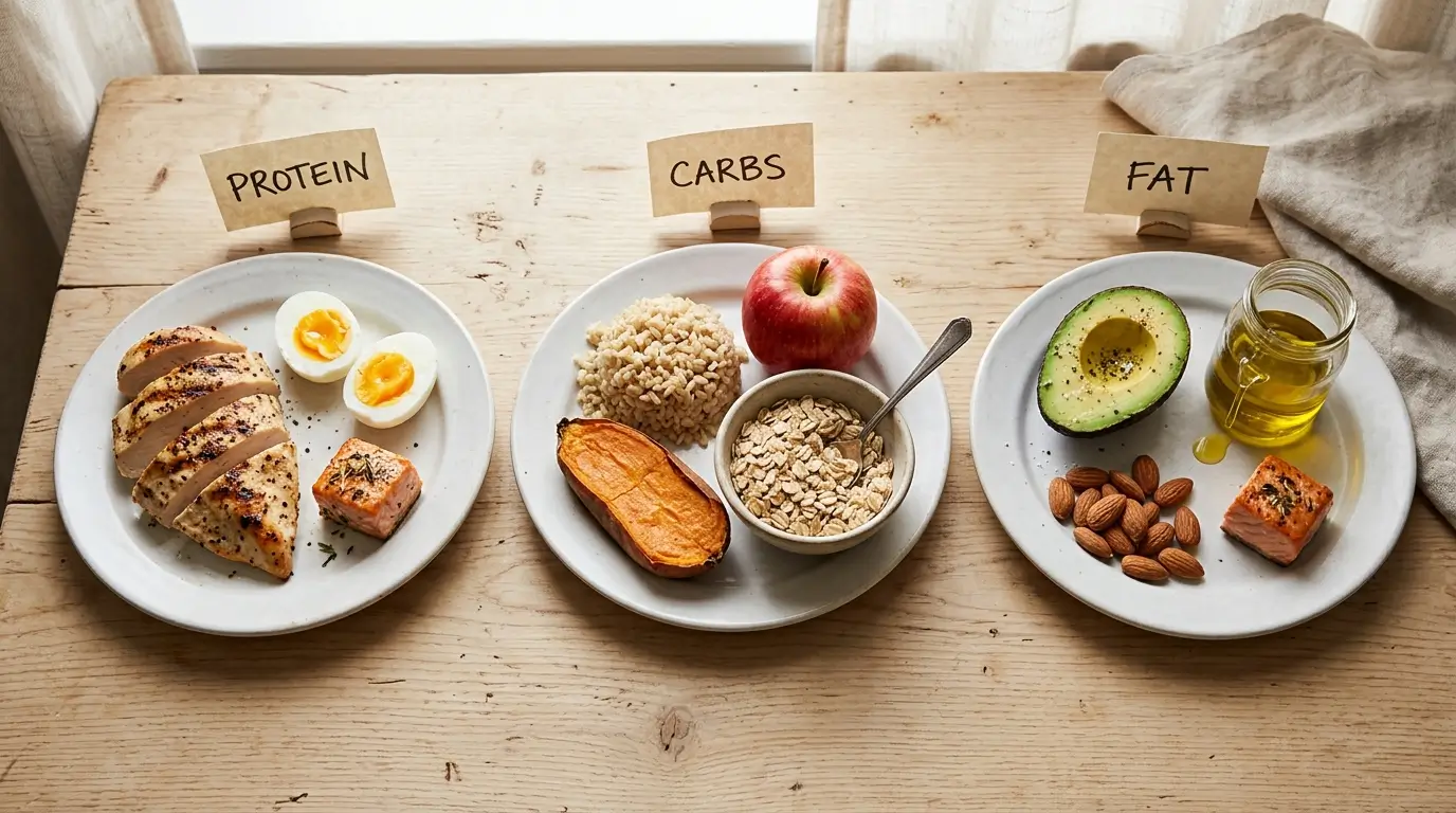 Three labeled plates showing macronutrients with chicken eggs and salmon for protein rice sweet potato oats for carbs and avocado almonds olive oil for fat