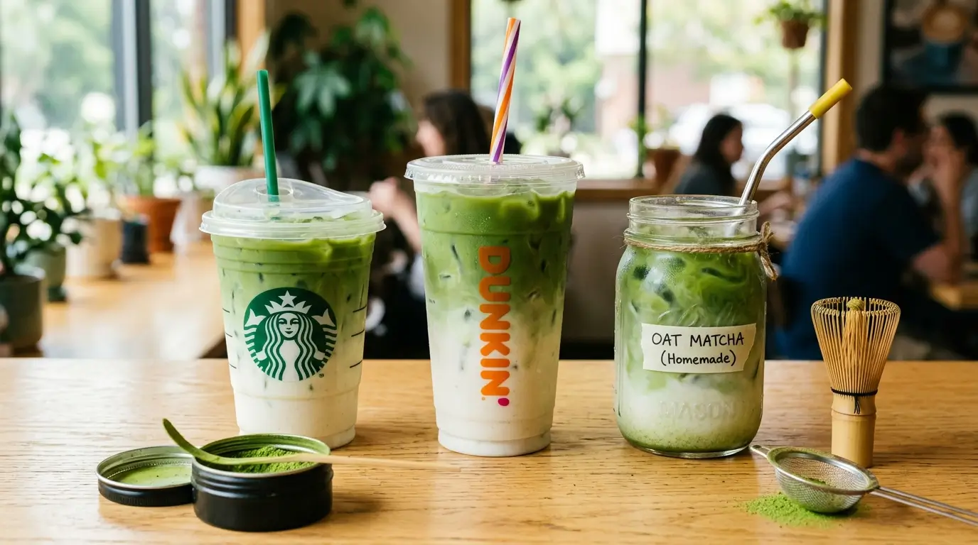 Starbucks vs Dunkin vs DIY iced matcha latte 2026 comparison with a tin of ceremonial-grade matcha powder and a bamboo whisk in the foreground showing sugar, caffeine and cost differences