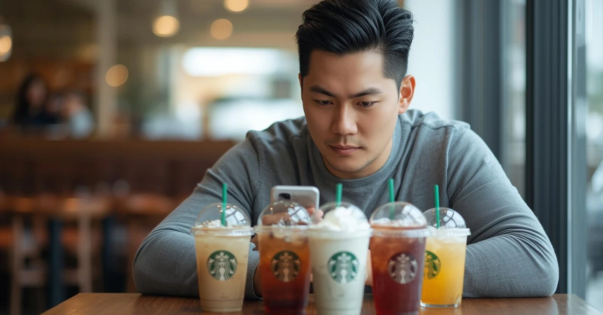 Mindful man checking drink nutrition on tablet to explain why you should count calories at Starbucks
