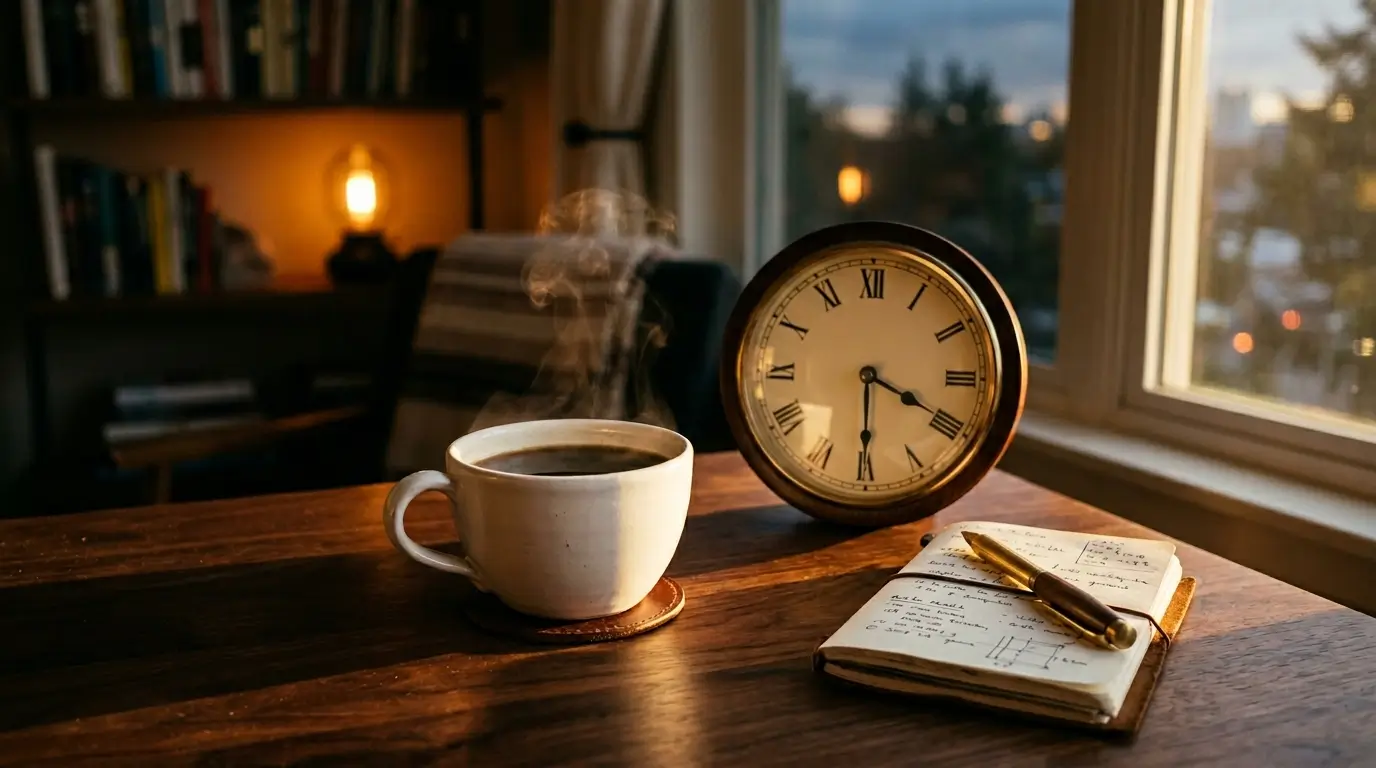 Morning coffee mug next to a notebook and clock on a wooden desk illustrating the relationship between caffeine half-life timing and bedtime sleep