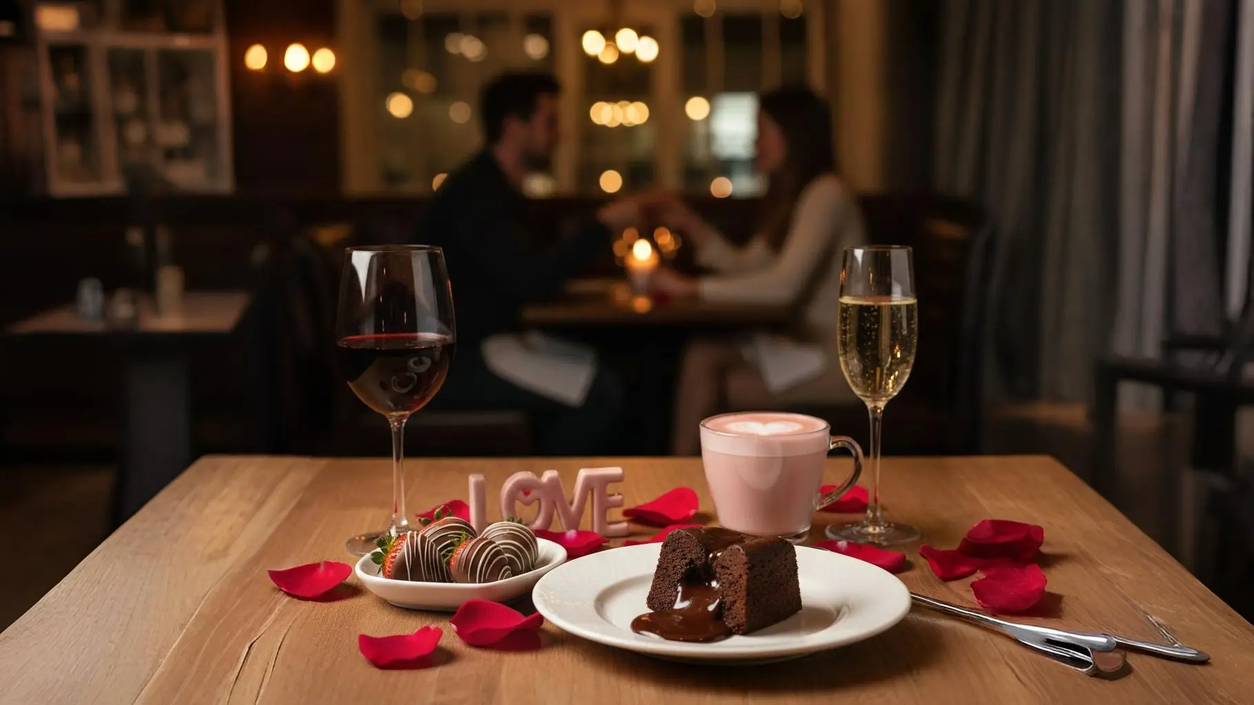 Most Loved Valentine's Day Foods & Drinks People Search For shown on a romantic table with chocolate lava cake, strawberries, wine, champagne, and café drinks