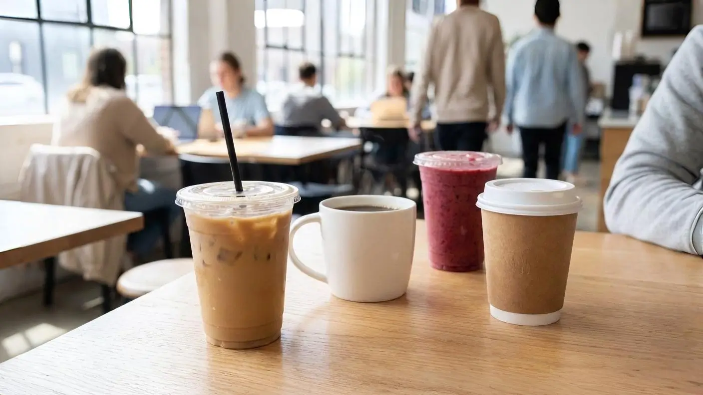 Nutrition checklist for daily drinks showing iced coffee, hot coffee, a smoothie, and a takeaway coffee on a café table in natural daylight