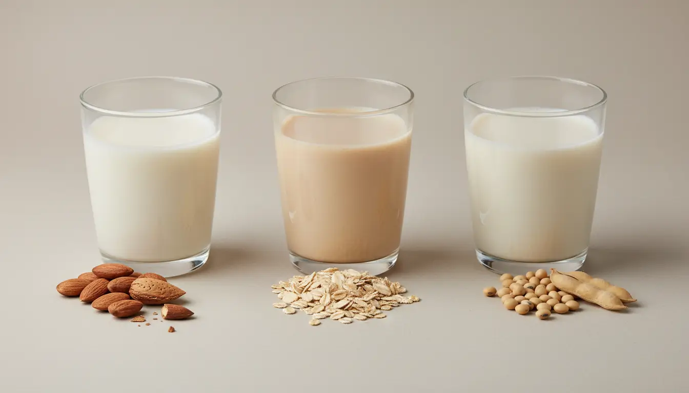Side-by-side glasses of almond milk, oat milk, and soy milk with almonds, oats, and soybeans showing plant-based milk comparison.