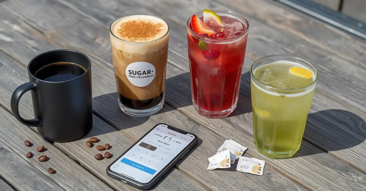 Outdoor setup of low calorie Starbucks drinks with calorie tracker