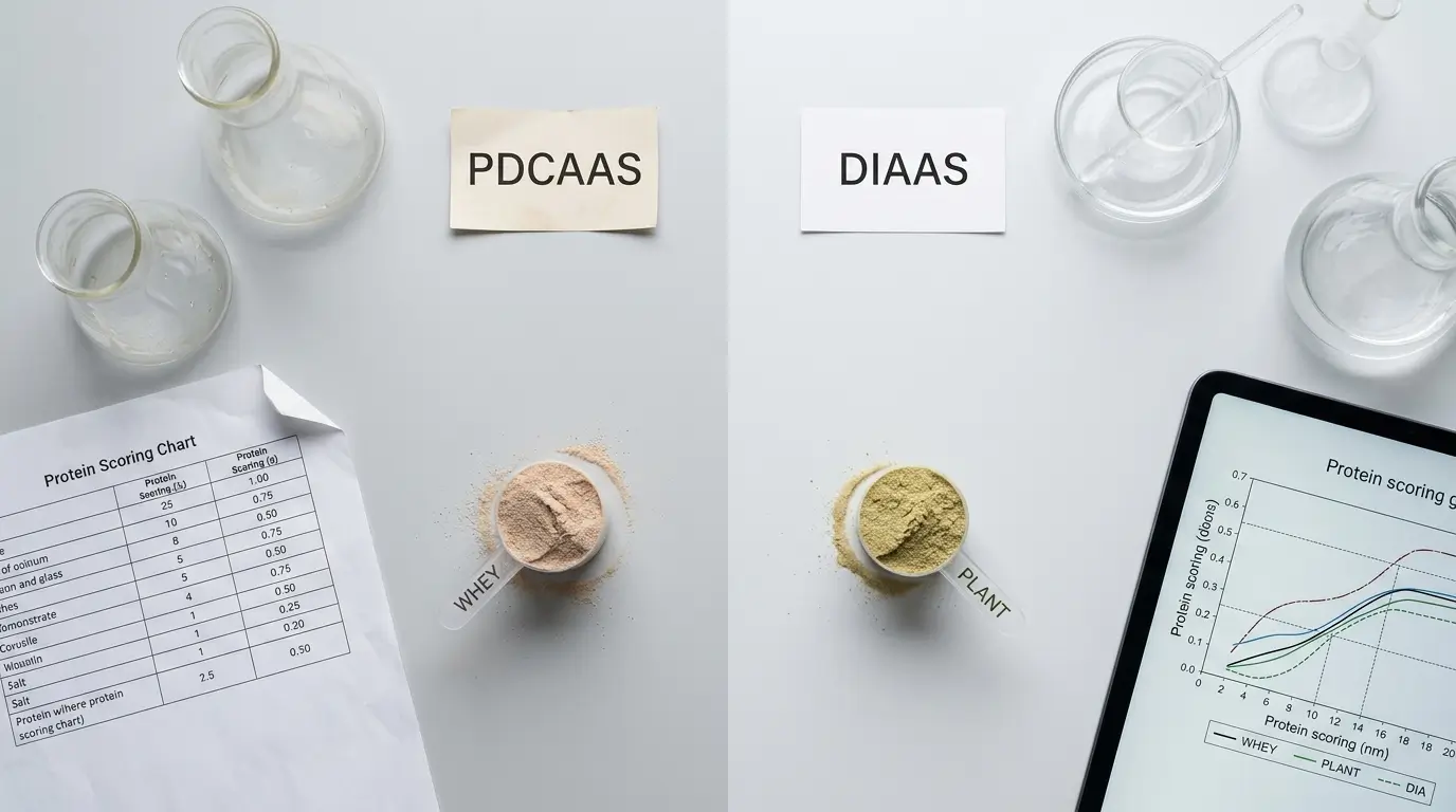 Side by side comparison of PDCAAS and DIAAS protein quality scores with whey and plant protein scoops and lab glassware